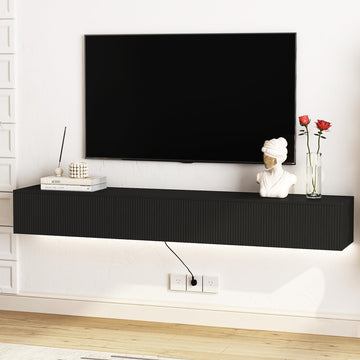 Mesa Flotante para TV 69 inch, Black Floating TV Stand Wall Mounted, Floating Entertainment Center with Fluted