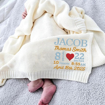 Luxury Personalized Baby Blanket with Birth Stats Embroidered, Custom Name, Date, Weight, Length, Soft Knit 100%