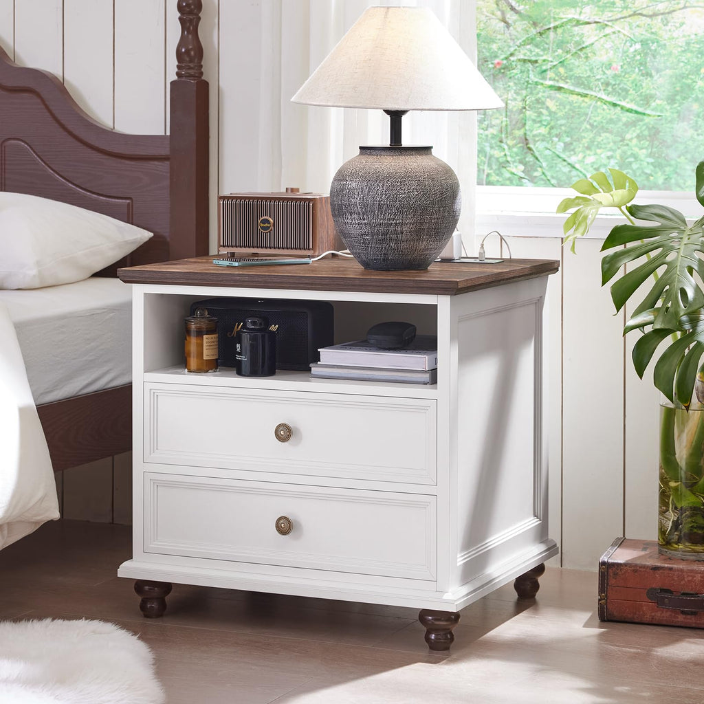 24" Wide Farmhouse Nightstand with Charging Station, End Table with 2 Drawers, White Wood Cabinet, Bed Side Table