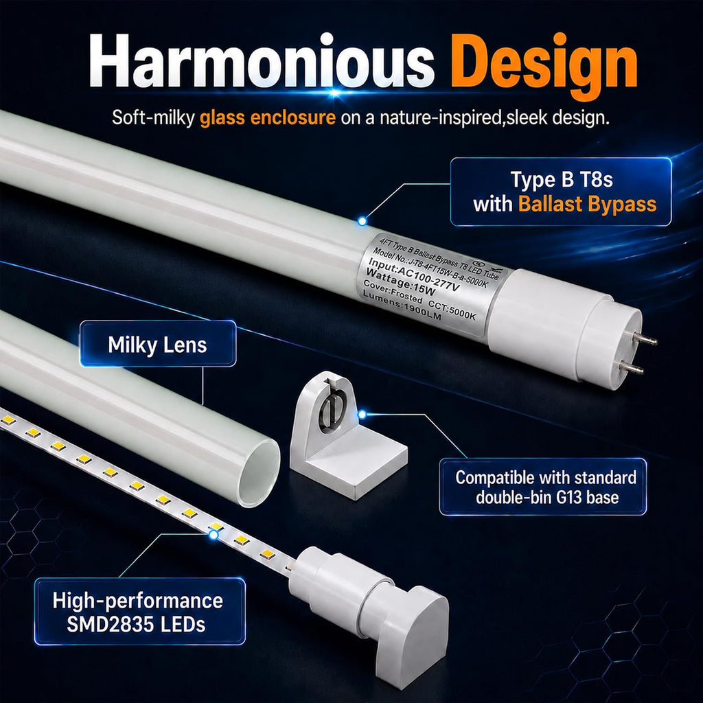 4FT T8 LED Bulbs,15W (32W Fluorescent Equivalent),5000K Daylight,1900LM,Ballast Bypass Type B,48 Inch Tube Light