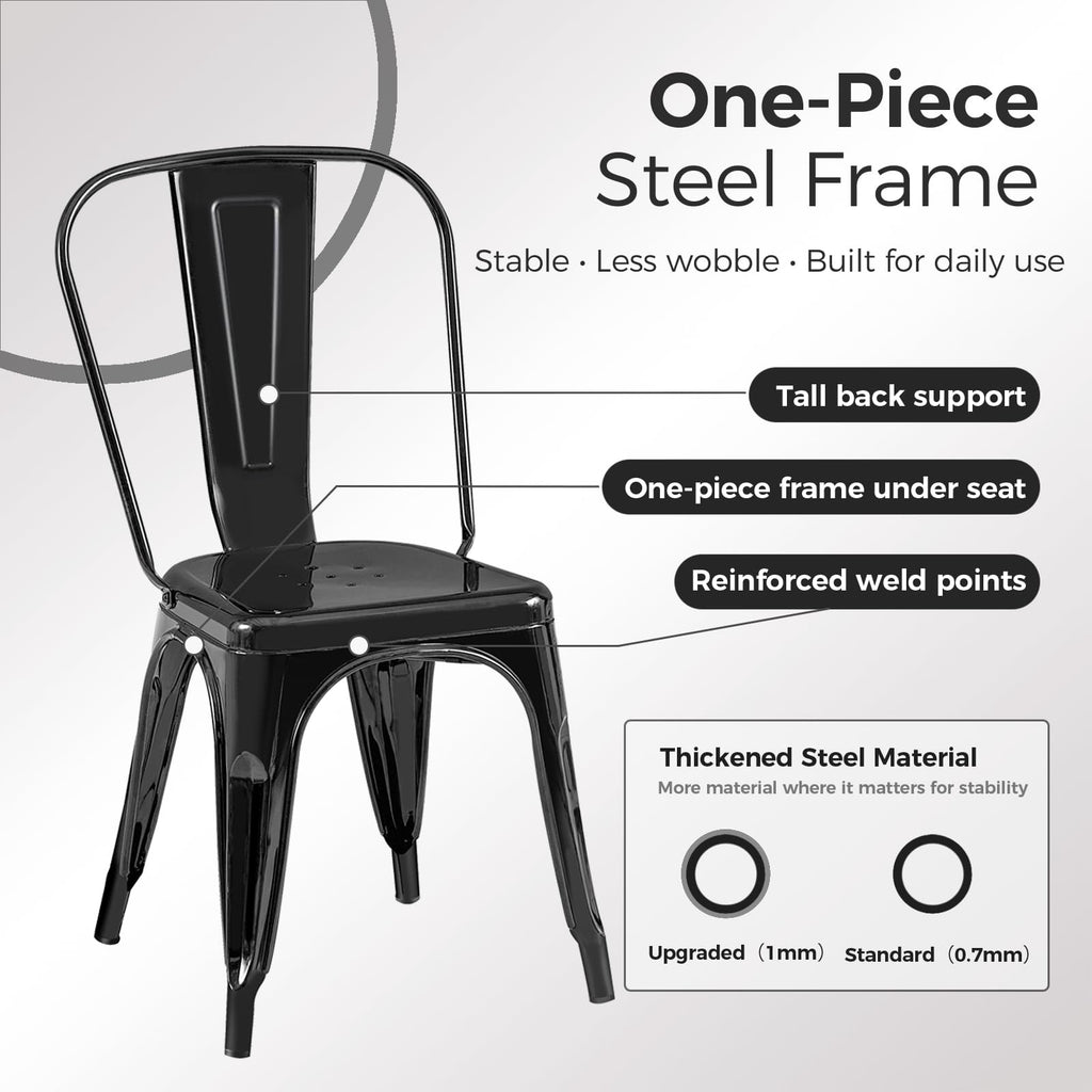 Metal Dining Chairs with Backrest, Stackable, Black, 6 Pack