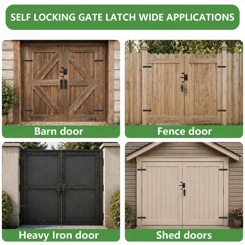 Fence Gate Hinges Heavy Duty and Self Locking Latch Set 3Pack for Wood Gates, 270° Outdoor Hardware Kit, Strap Dual