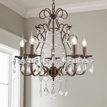 5-Lights Crystal Chandelier in Farmhouse Style, K9 Crystal Pendant Light for Bedroom, Dining Room, Living Room, H24 x D23, Chain Adjustable A109-B07DPJW4RV