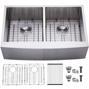 33 Inch Double Bowl Divided 50/50 Farmhouse Sink, 33x21 Stainless Steel Undermount Apron Front Farm Kitchen Sink