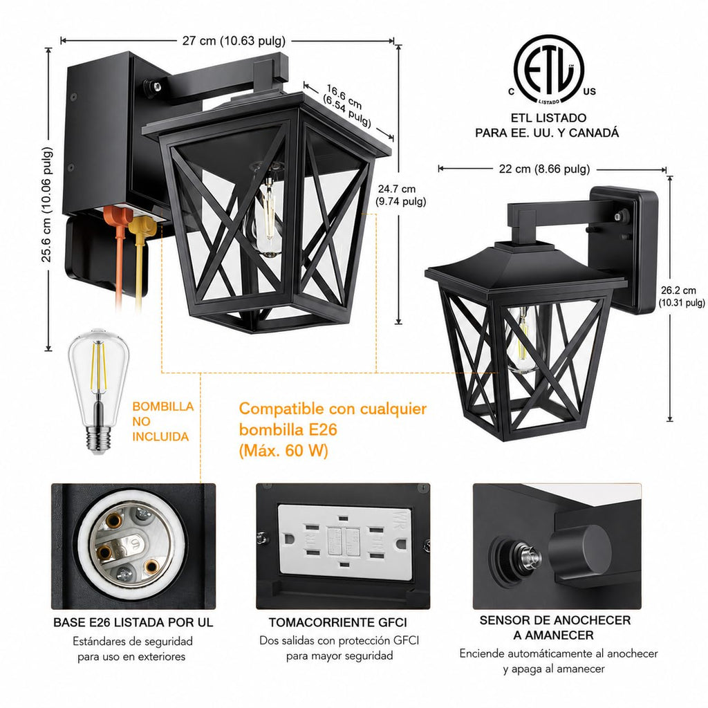 Porch Light with GFCI Outlet Aircraft Grade Aluminum Alloy Black 2PCS