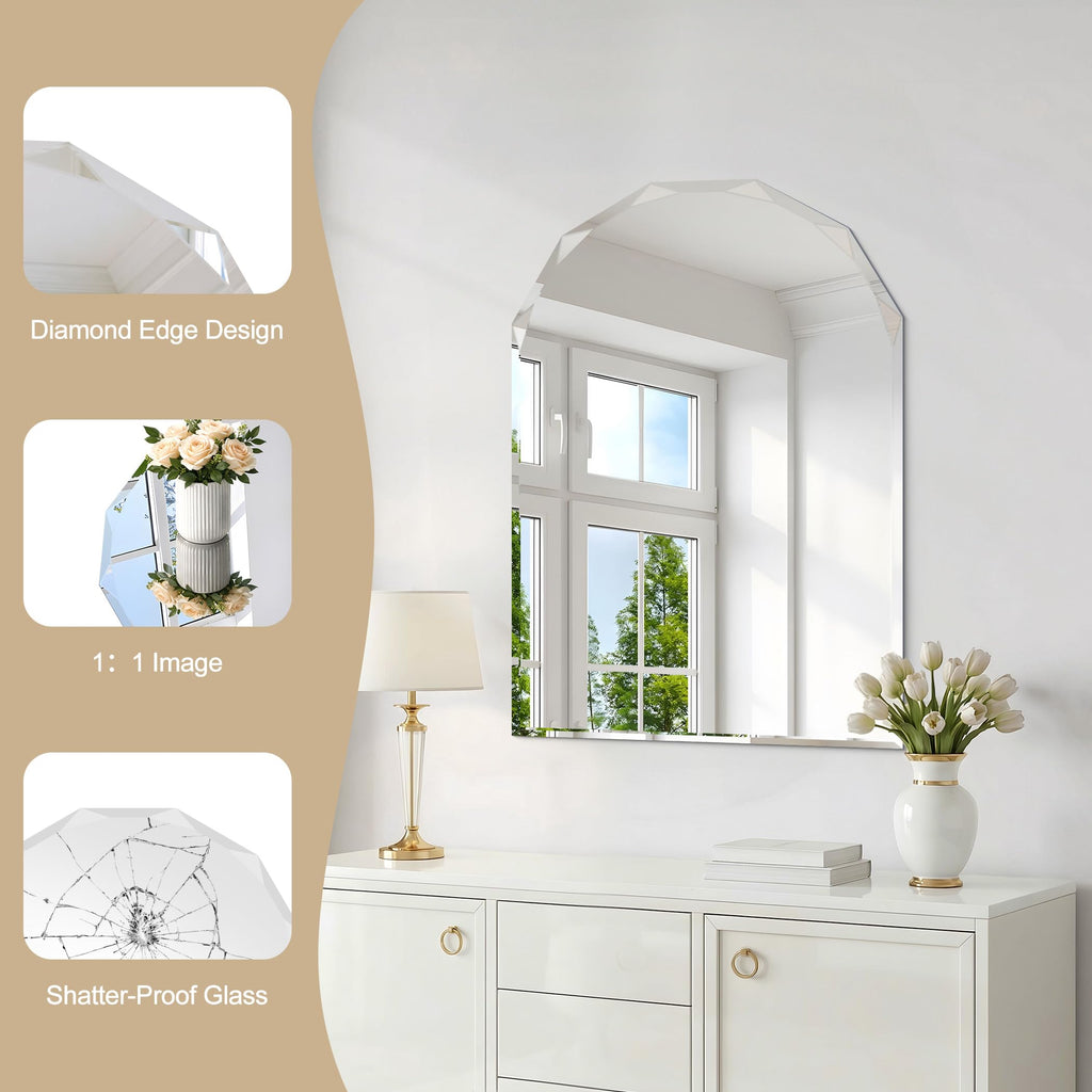 Beveled Arched Mirror, 20"x28" Arch Vanity Mirror with Diamond Cut Beveled Edge, 5mm Tempered Glass, Decorative