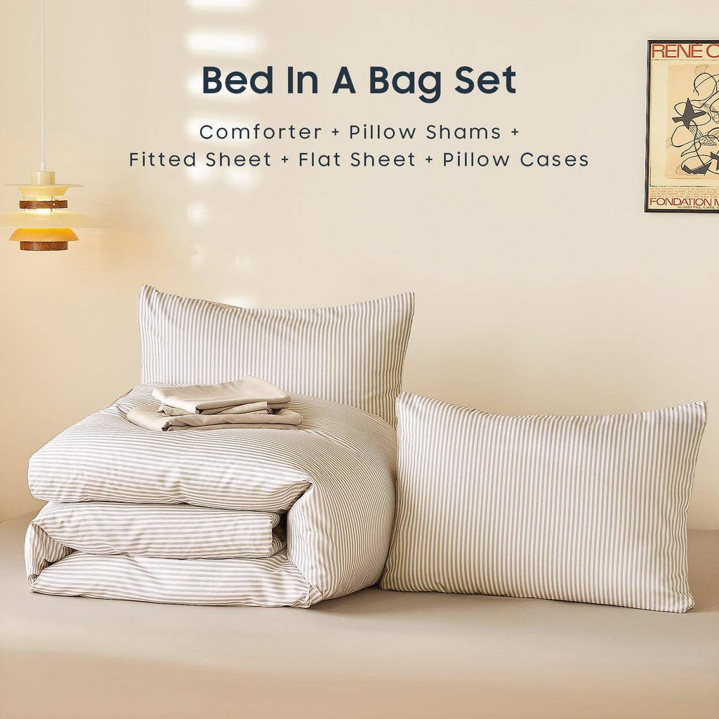 Striped Comforter Set with Sheets, Ticking Stripe Vertical Pinstripe Neutral Farmhouse Pattern Printed, 7 Pieces Bed