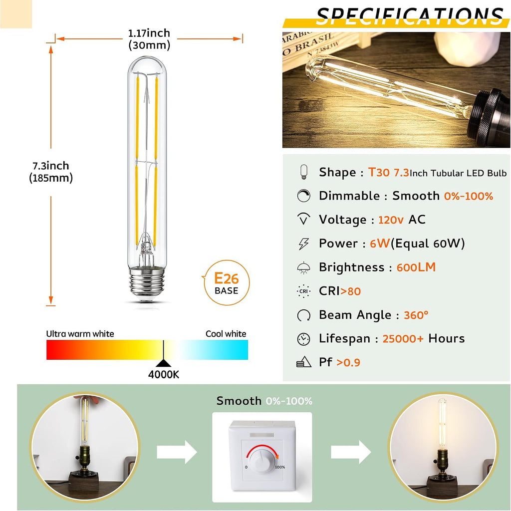 Tubular Light Bulb 7.3 Inch Dimmable T10 LED Bulb E26 6W 60 Watts 4000K