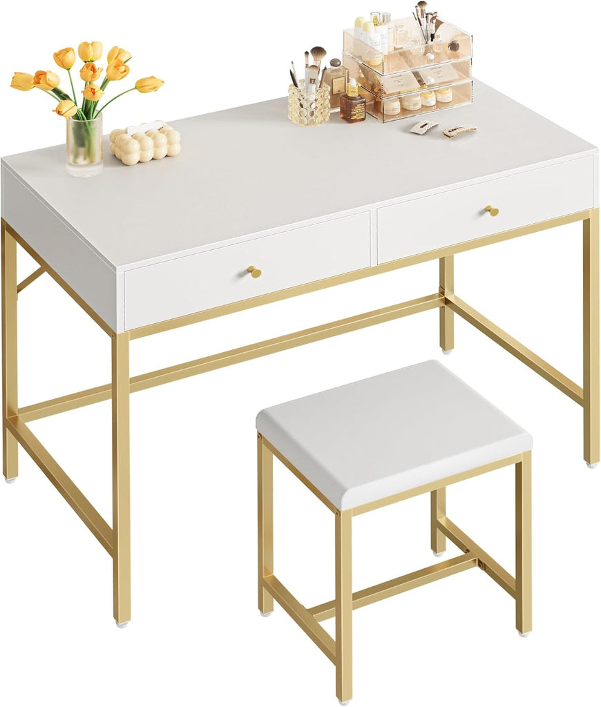 35.4" White and Gold Desk with 2 Drawers, Modern Makeup Vanity with Padded Stool