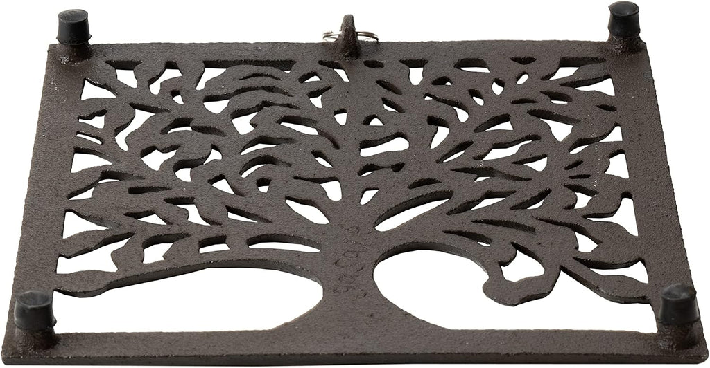 Cast Iron Trivet for Hot Dishes, Pots, and Pans, Metal Trivet, Family Tree Design, Rubber Feet Caps, Ring Hanger, 8