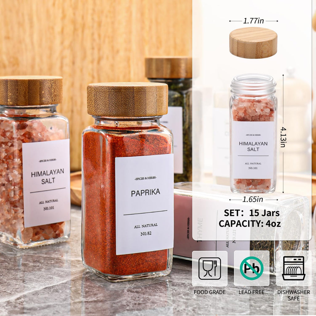 Spice Jars with Label 24Pcs,Seasoning Containers,Glass Spice Jars with Bamboo Lids,Kitchen Essentials,Spices