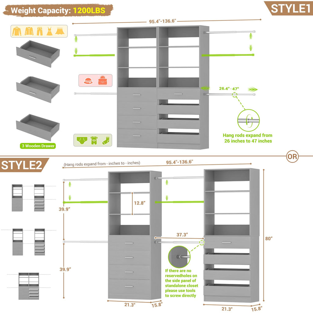 Closet System, 6-15Ft Closet Organizer with 8 Wooden Drawers