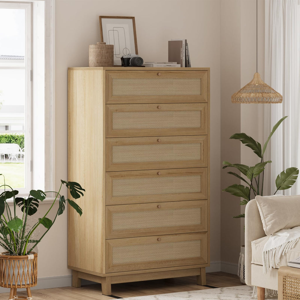 Rattan Dresser with 6 Drawer, Modern Double Wooden Tall Bedroom Dresser, Chest of Drawers with Metal Handle & Solid