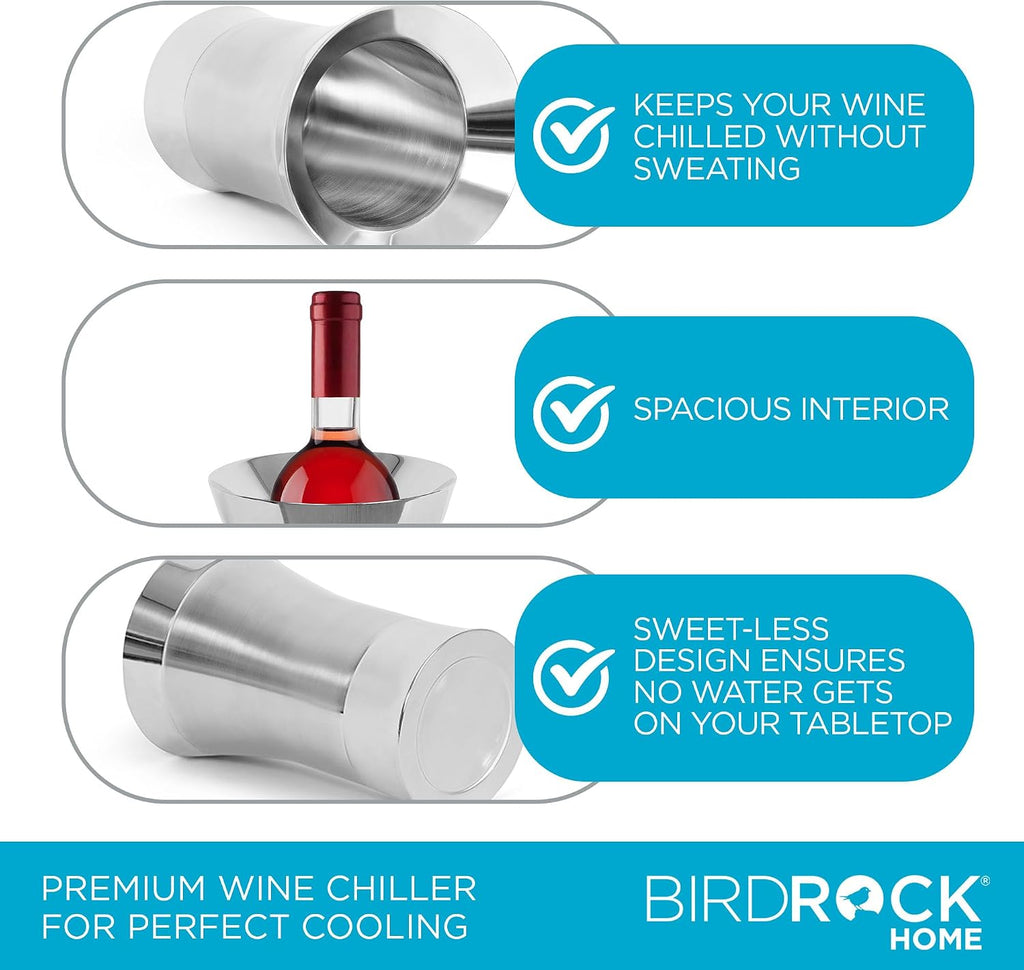 Stainless-Steel Wine Chiller - Elegant Double Wall Bucket - Single Insulated Bottle Holder - Wine or Champagne Cooler