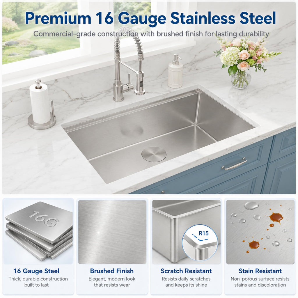Undermount Kitchen Sink 27 X 18 inch, Single Bowl Workstation Sink