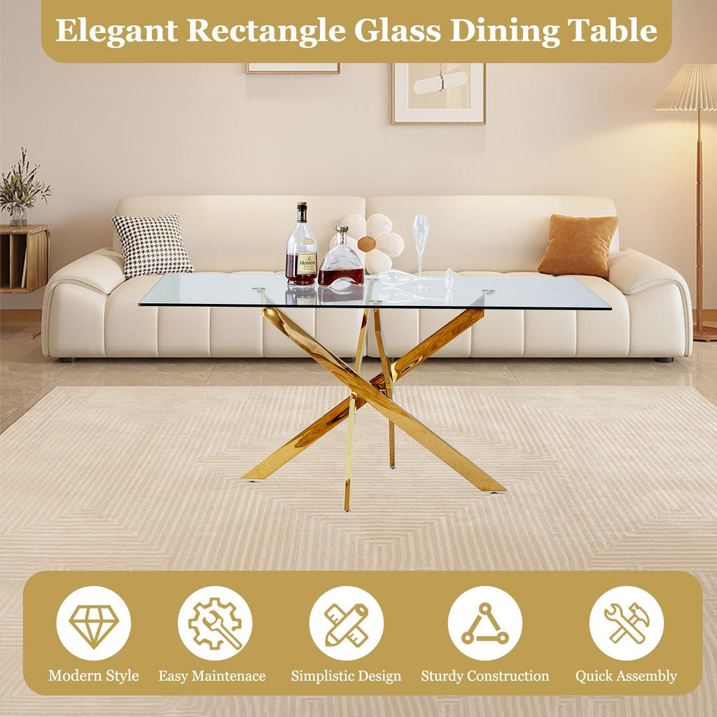 63" Glass Dining Table for 4-6, Contemporary Rectangular Dining Room Table with Tempered Glass Top & Gold Finish