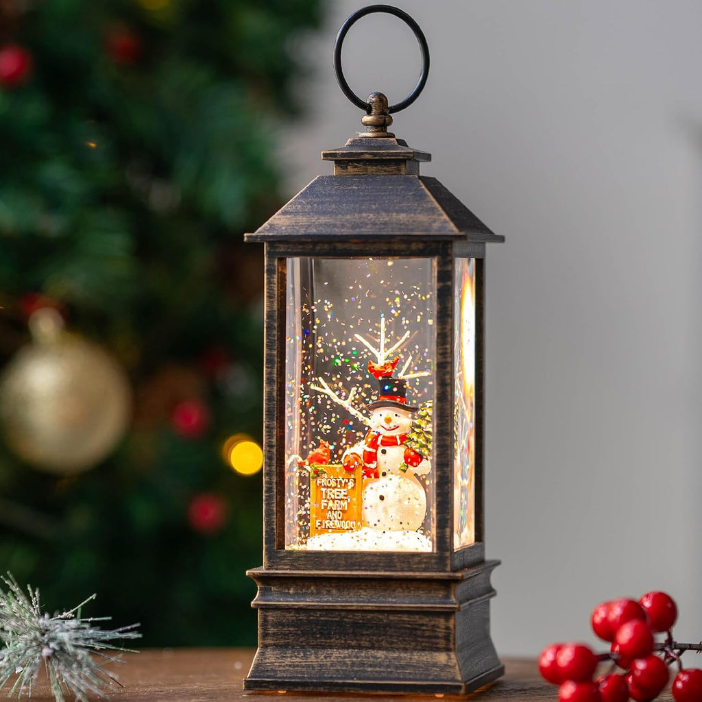 Christmas Snow Globe Water Glittering Farm Snowman with Music & Timer, USB Lined/Battery Operated Lighted Lantern
