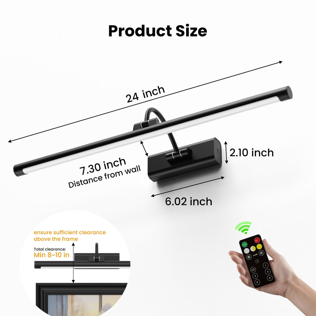 24" Picture Light with 8000mAh Battery - Black Operated Wireless Wall Sconce with Remote & Timer for Large Paintings