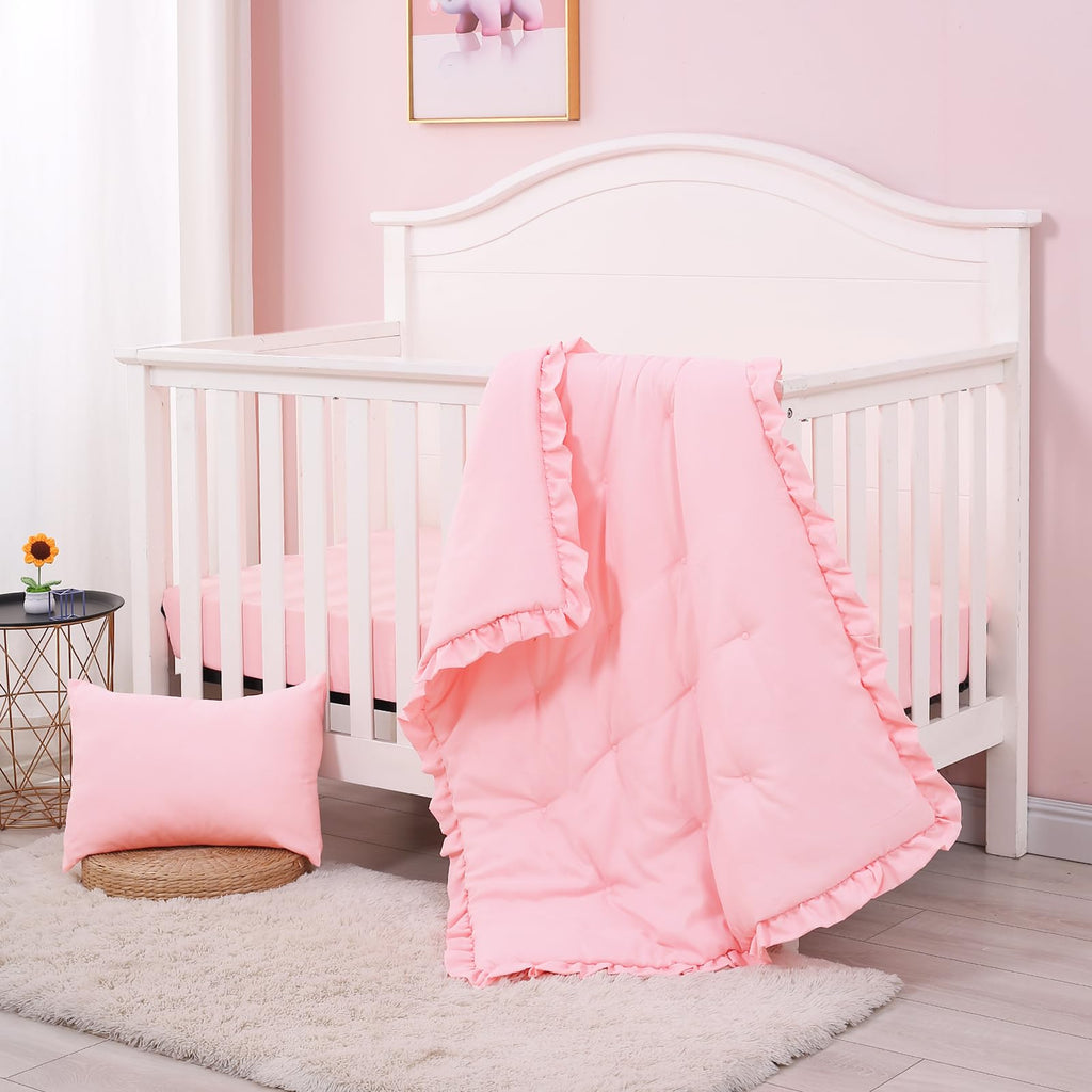 3 Piece Crib Bedding Set for Baby Girls Boys with Ruffle Pink
