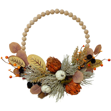 16" Artificial Fall Wooden Beads Wreath with Leaves, Chrysanthemums & Mini Pumpkins - Handcrafted Harvest Decor for