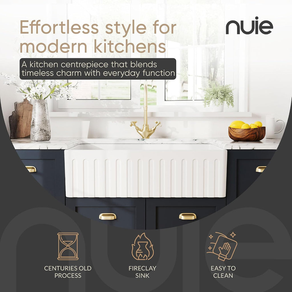 White Kitchen Sink 33 inch Single Bowl Apron Fluted Front Farmhouse Sink with Central Drain Position, Fireclay