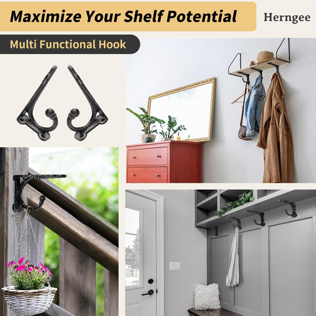 Cast Iron Shelf Brackets 4 Inch, 4 Pack Black Rustic Shelf Brackets with Hooks, Heavy Duty Floating Brackets Wall