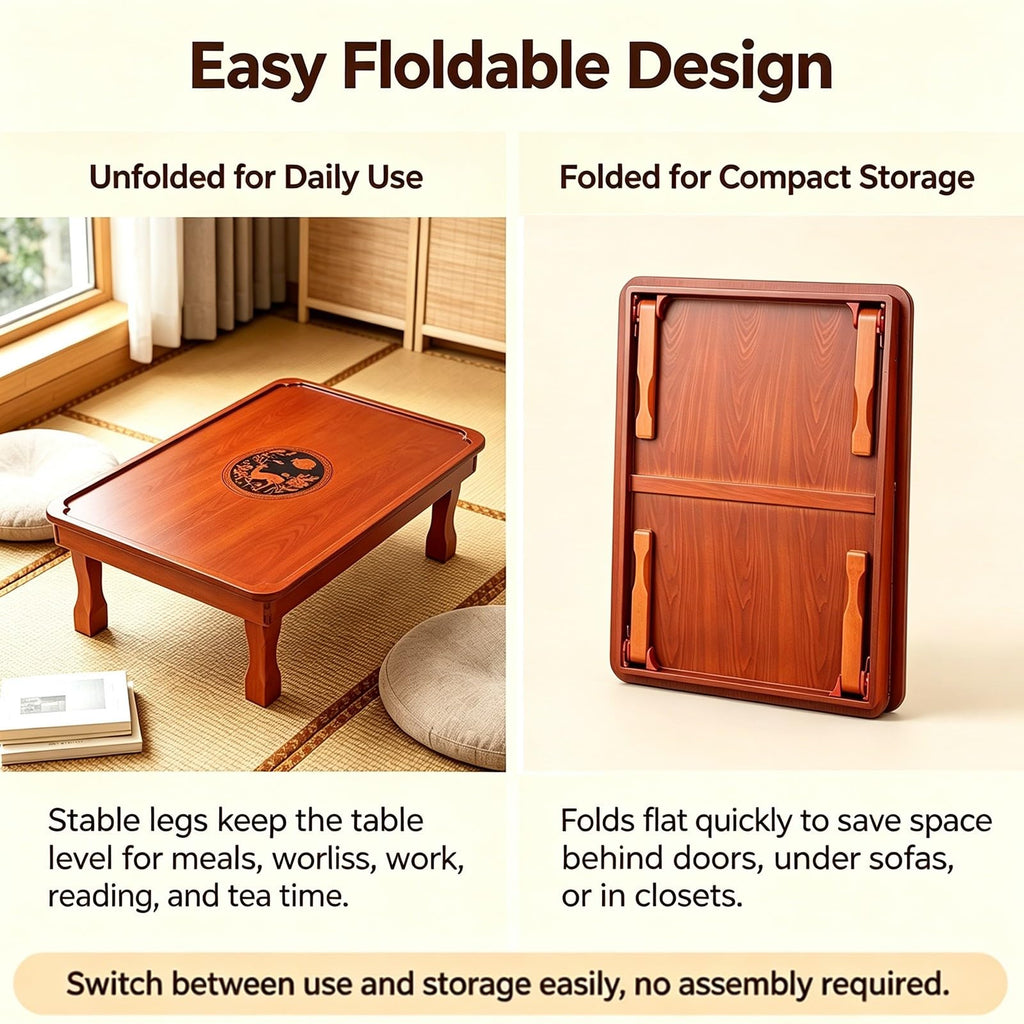 Folding Coffee Table Japanese Floor Wood Low Dining Table Red Brown
