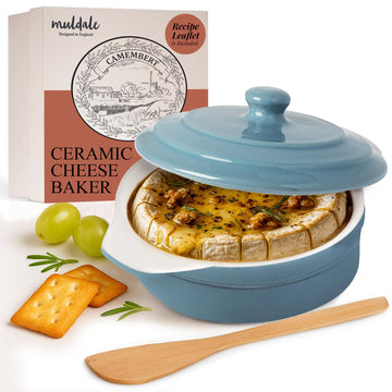 Ceramic Camembert Baker with Lid and Wooden Spreader - Brie Baking Dish Set for Entertaining - 5.5" Oven Safe Blue