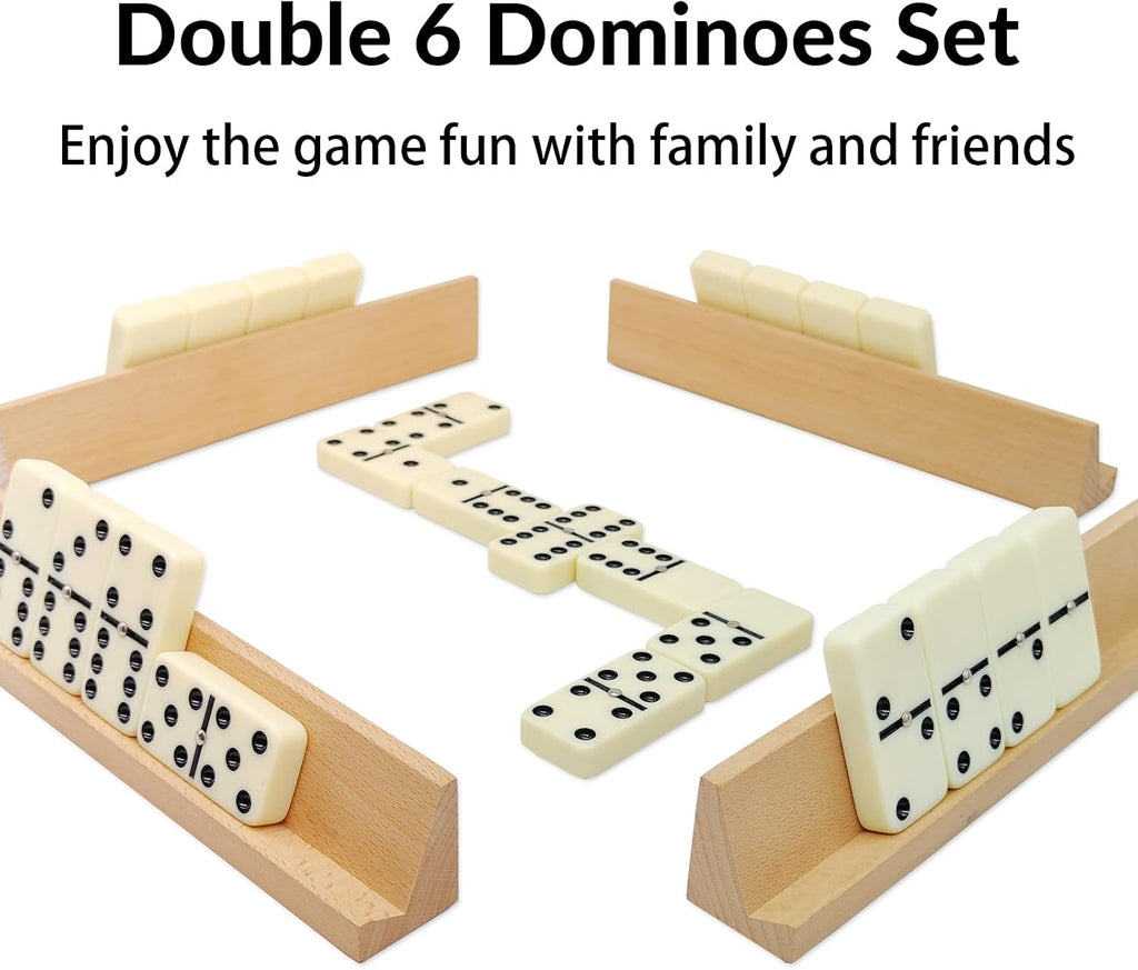 Dominos Set for Adults with 4 Wooden Racks, Double 6 Dominoes Game Set with 28 Colored Domino Tiles Double Six - Set of 32