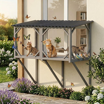 Cat Window Box, Outdoor Window Catio Enclosure for Indoor Cats, Weatherproof UV-Resistant Wooden Cat Window Perch