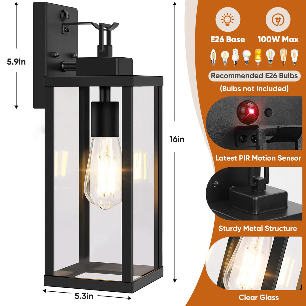 2-Pack 16" Upgraded Motion Sensor Outdoor Wall Lights, Black