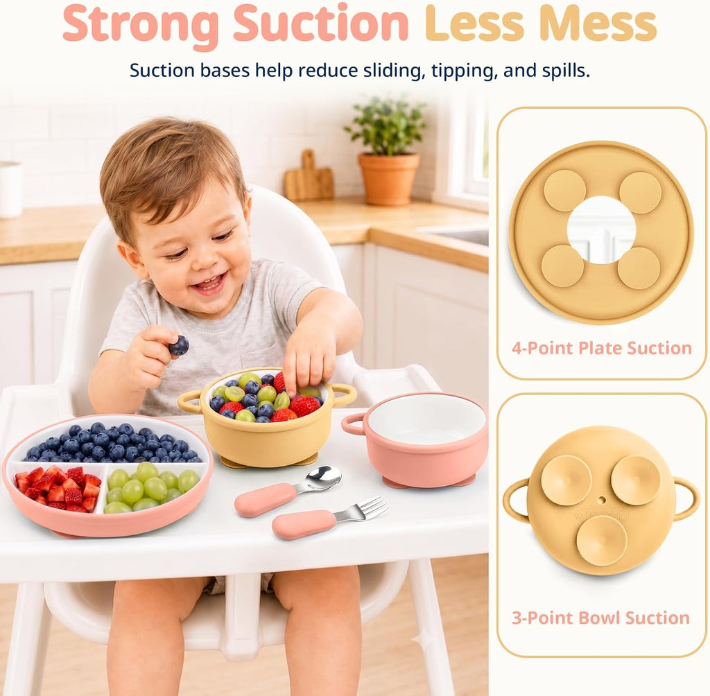 8 Pcs Ceramic Baby Plates Set with Suction Sleeves, Spoons & Forks