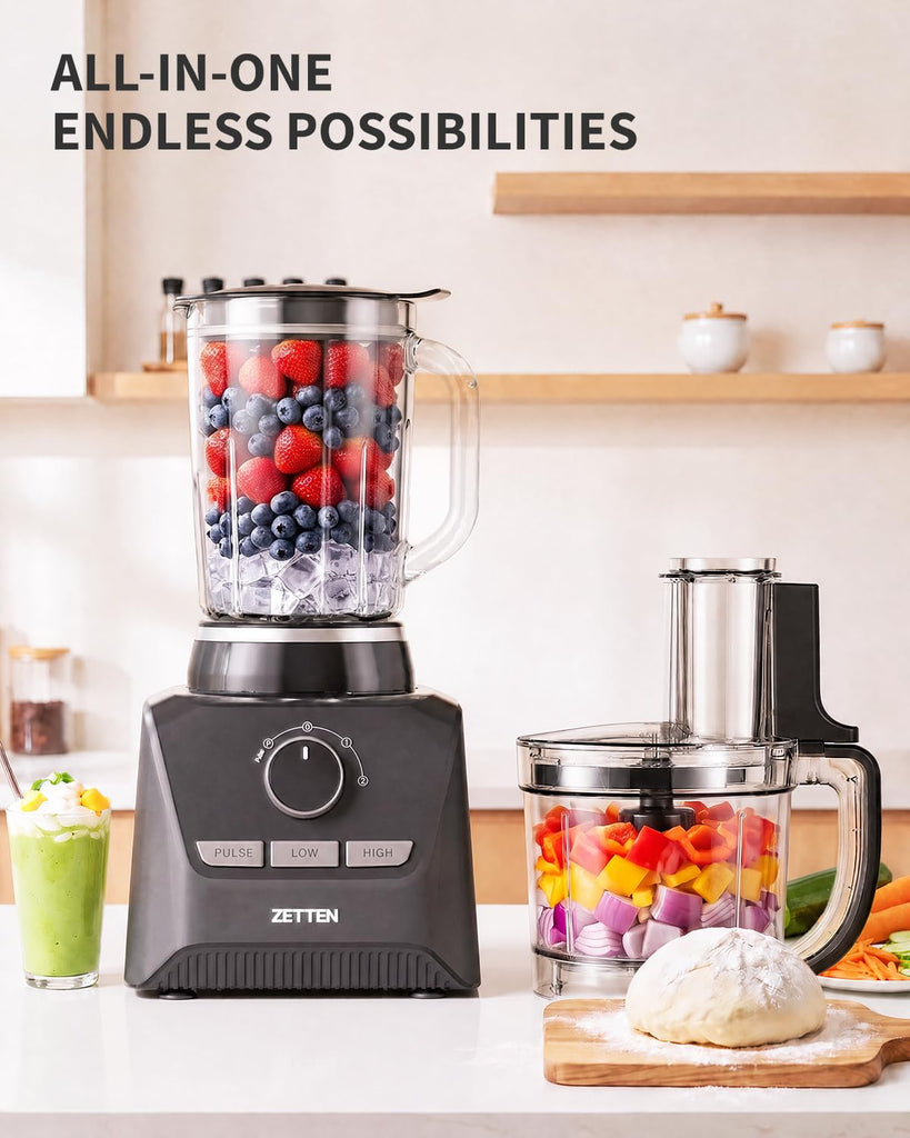 Multi Food Processor & Blender Combo, 9 Cups Bowl + 56OZ Pitcher, All-in-One Kitchen System for Smoothies, Chopping