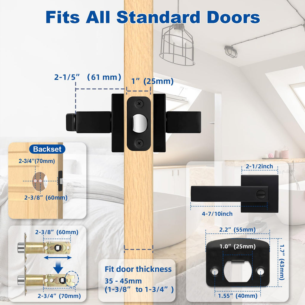 1 Pack Door Handle Black Interior Door Knobs, Keyless Privacy Door Lock, Heavy Duty Zinc Alloy, Door Lever Set