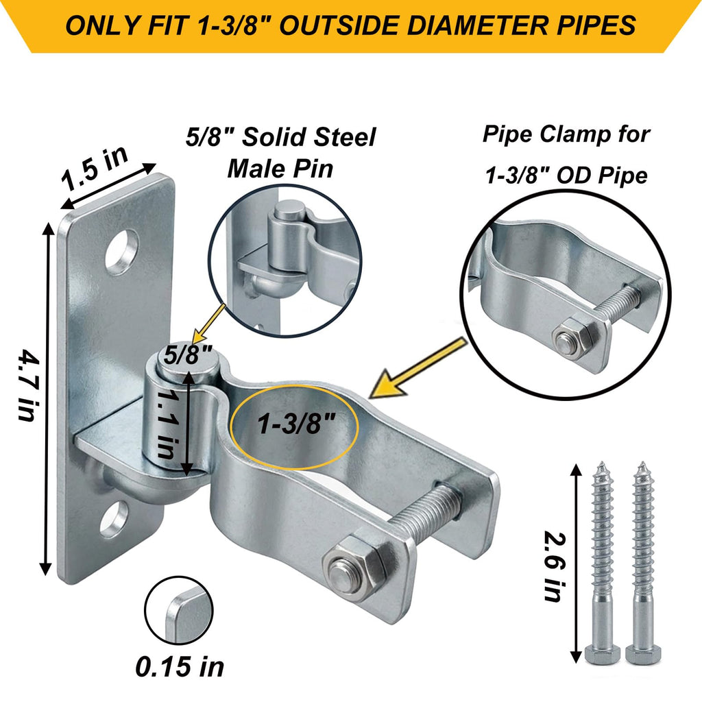 2 Pair Wall Mount Gate Hinges, Heavy Duty Gate Hinges for 1-3/8" Pipe Gates
