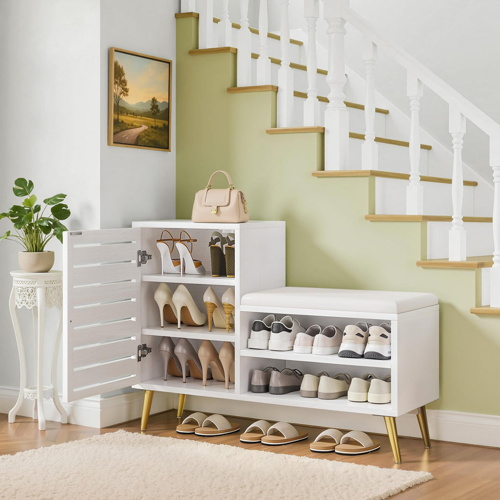 Shoe Storage Bench with Door&Shelf, Entryway Bench with Seat Cushion, L-Shaped, White