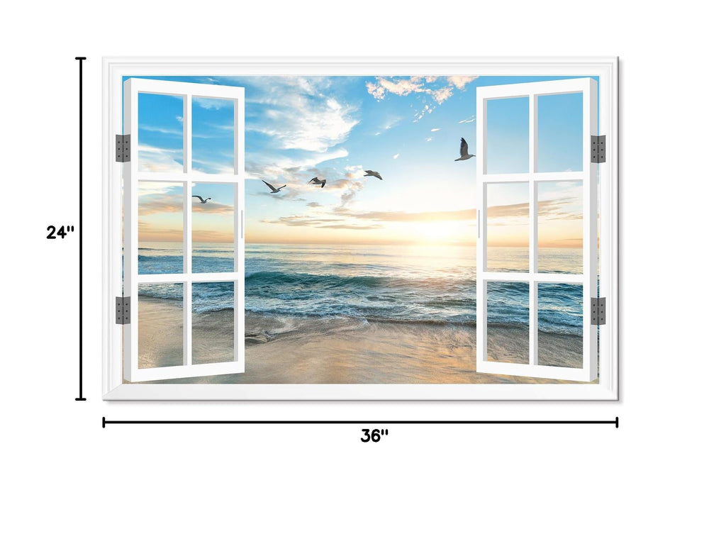 Ocean Beach Sunset Window Canvas Wall Art Seagull Seascape Paintings Coastal Picture Framed Artwork Living Room