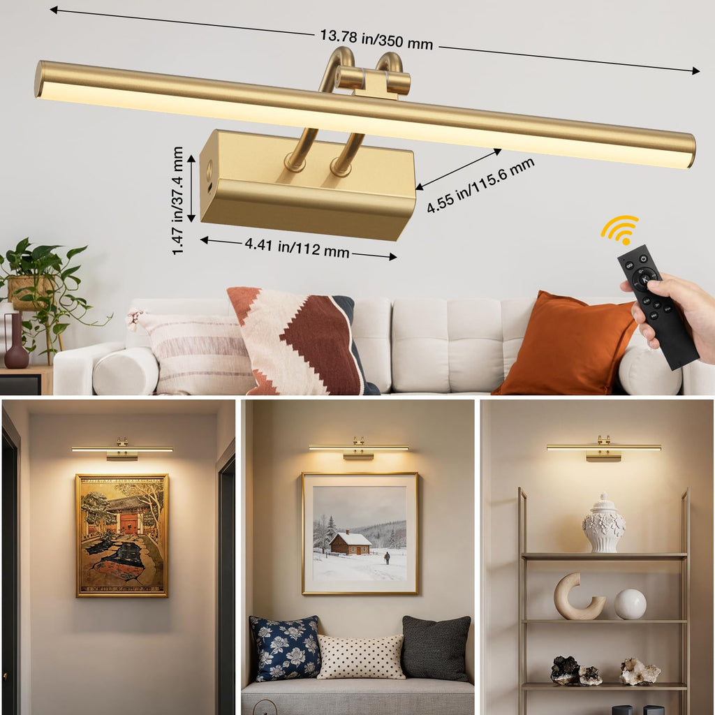 Picture Light for Wall, Gold, RF Remote, USB Charging