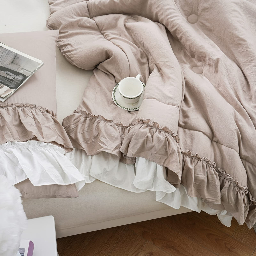 Taupe and White Two-Tone Ruffle Comforter Set, 3 Pieces Shabby Chic Farmhouse Bedding, Soft Microfiber Comforter