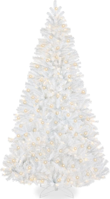 Artificial Christmas Tree, Premium Pre-Lit Realistic Spruce Holiday Décor w/Dense Branches, Metal Base - White