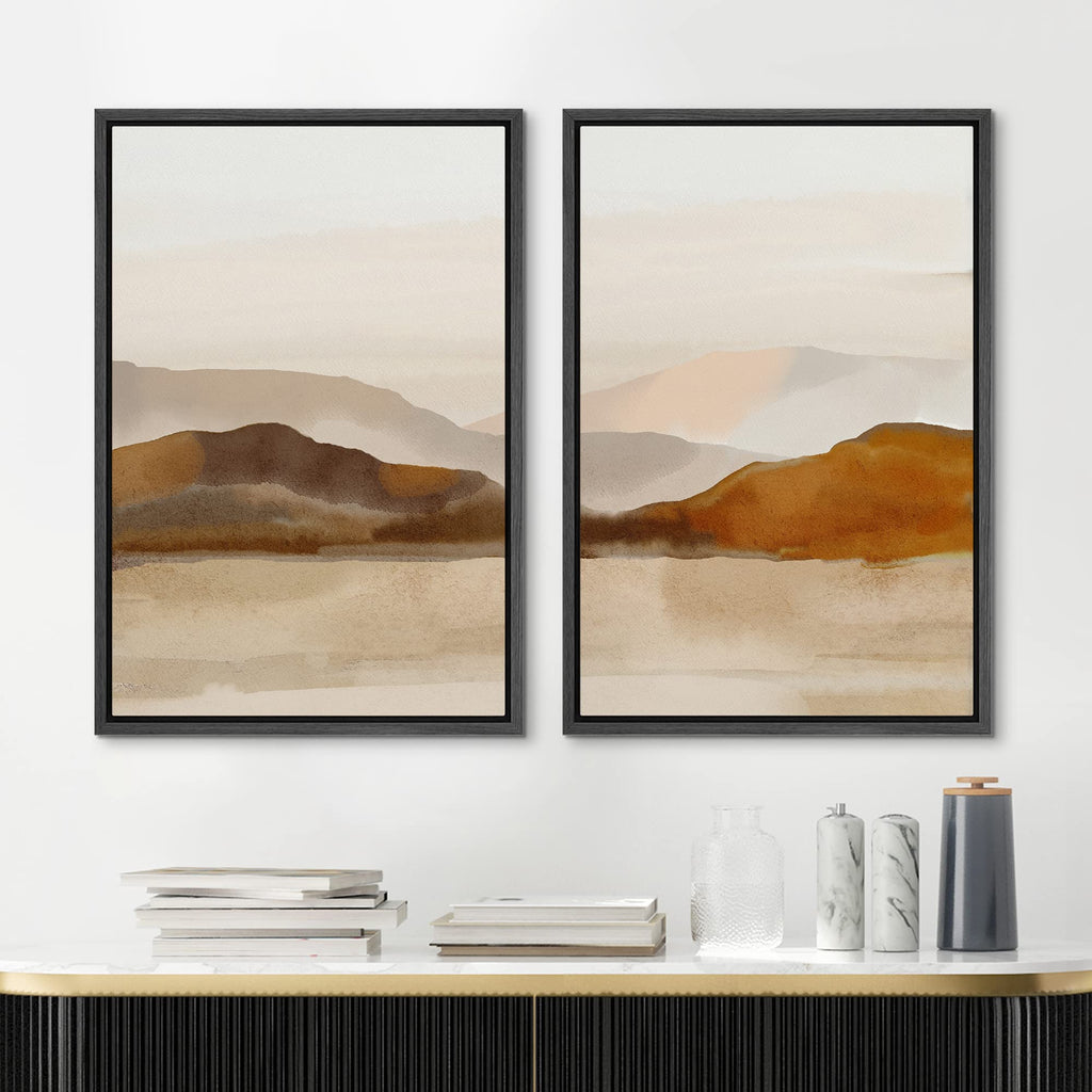 Framed Canvas Print Wall Art Pastel Brown Mountain Range Ocean Lake Wilderness Nature Illustrations Modern Art