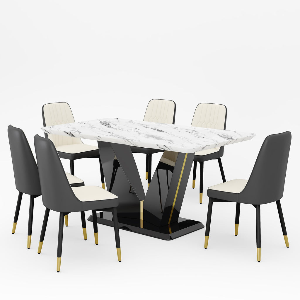 Modern Dining Table Set for 6, 7 Piece Dining Room Table Set, White Marble Dining Room Table Set for 6, 63" Rectangule
