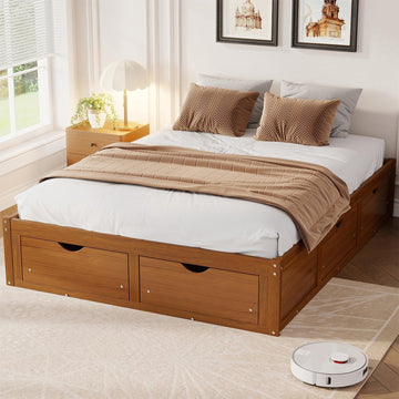 Mid-Century Pine Wood Floor Bed Frame with Storage