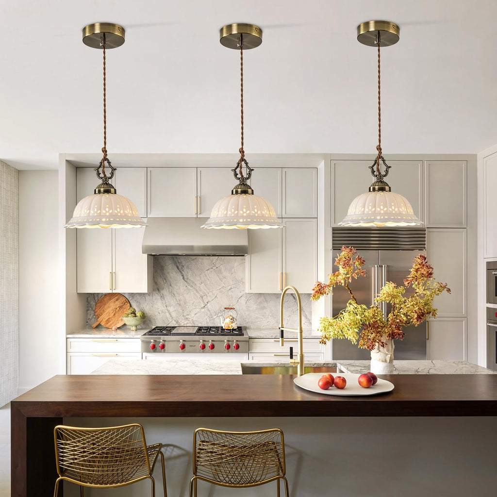 Ceramic Pendant Light 1-Light Adjustable Cord Industrial Ceiling Hanging Light Brass Vintage Chandelier Island Bar