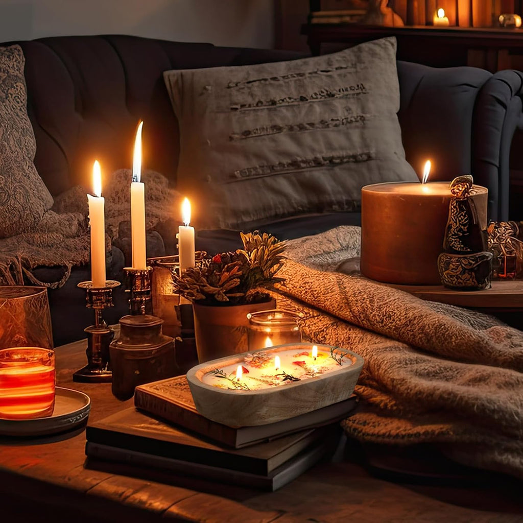 9.45'' Large Botanical Scented Bowl Candle Gift for Women Dried Flowers Wooden Dough Bowl Soybean Wax Candles
