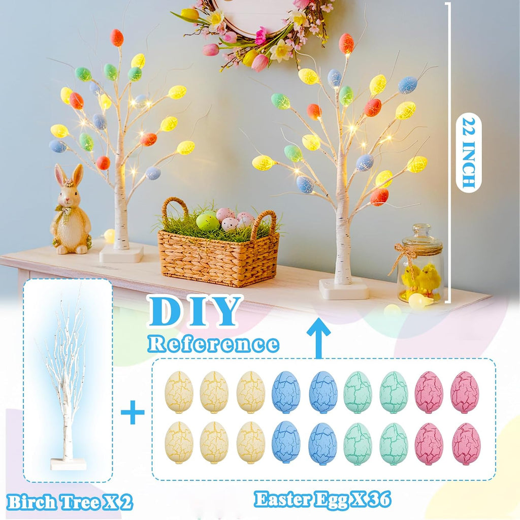 Easter Decorations, 2 Pack Lighted Easter Tree Battery Operated with Timer, 22 Inch LED Birch Tree with 36 Egg - Set of 2