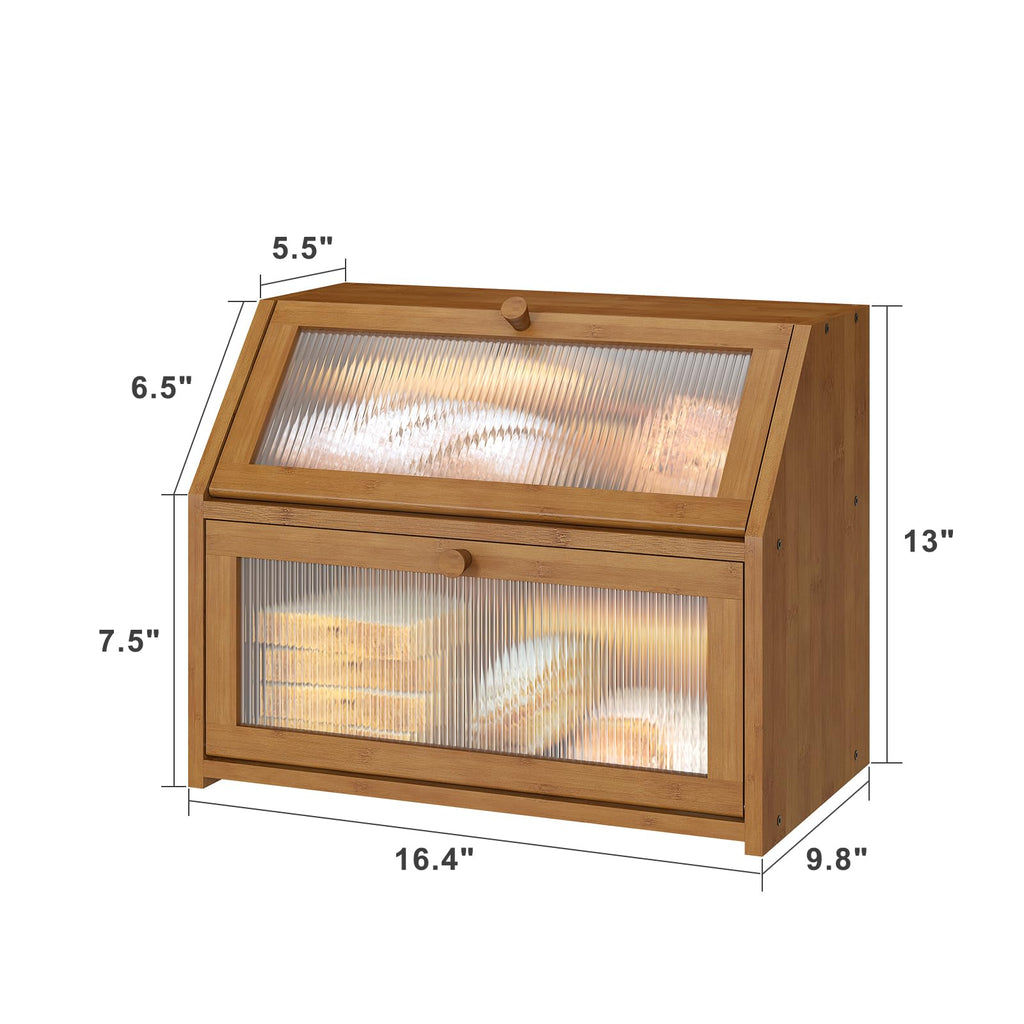 Counter, Large Bamboo Wood Double Layer, Wooden Bread Storage Capacity