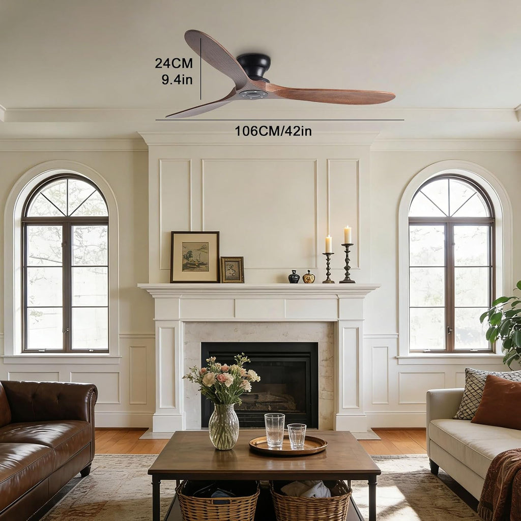 42 Inch Flush Mount Ceiling Fan No Light with Remote, Black and Walnut - Low Profile Modern Wood Blades, 6-Speed Reversible, Quiet A101-B0GGR2K5MM