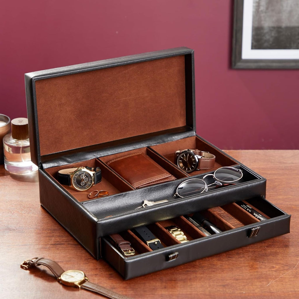 Jewelry Box Organizer and Holder - Black Watch Box with Leather Valet Tray Improvement - 12.6 x 9 x 4 In - Mens