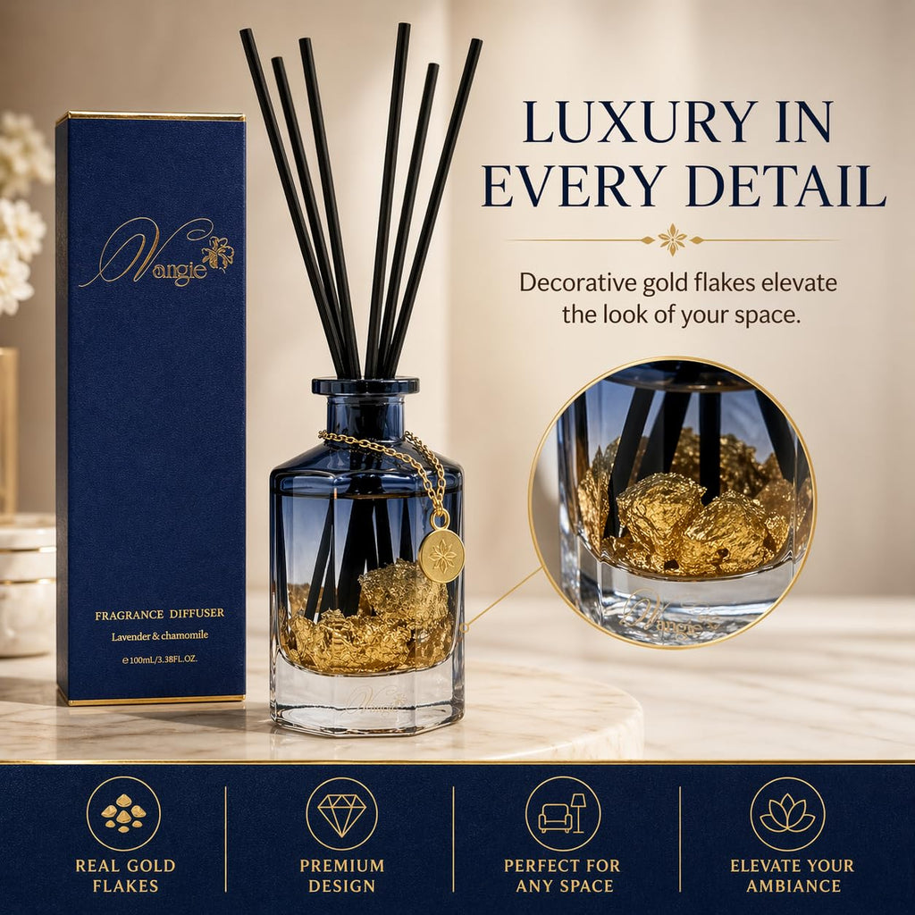 Luxury Reed Diffuser | Lavender & Chamomile Calming Scent | Floating Gold Leaf Glass Bottle | Long-Lasting Aroma